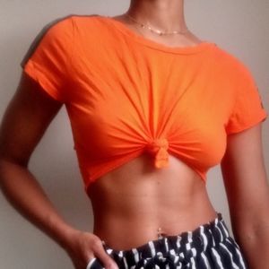 Orange crop top with rainbow stripes